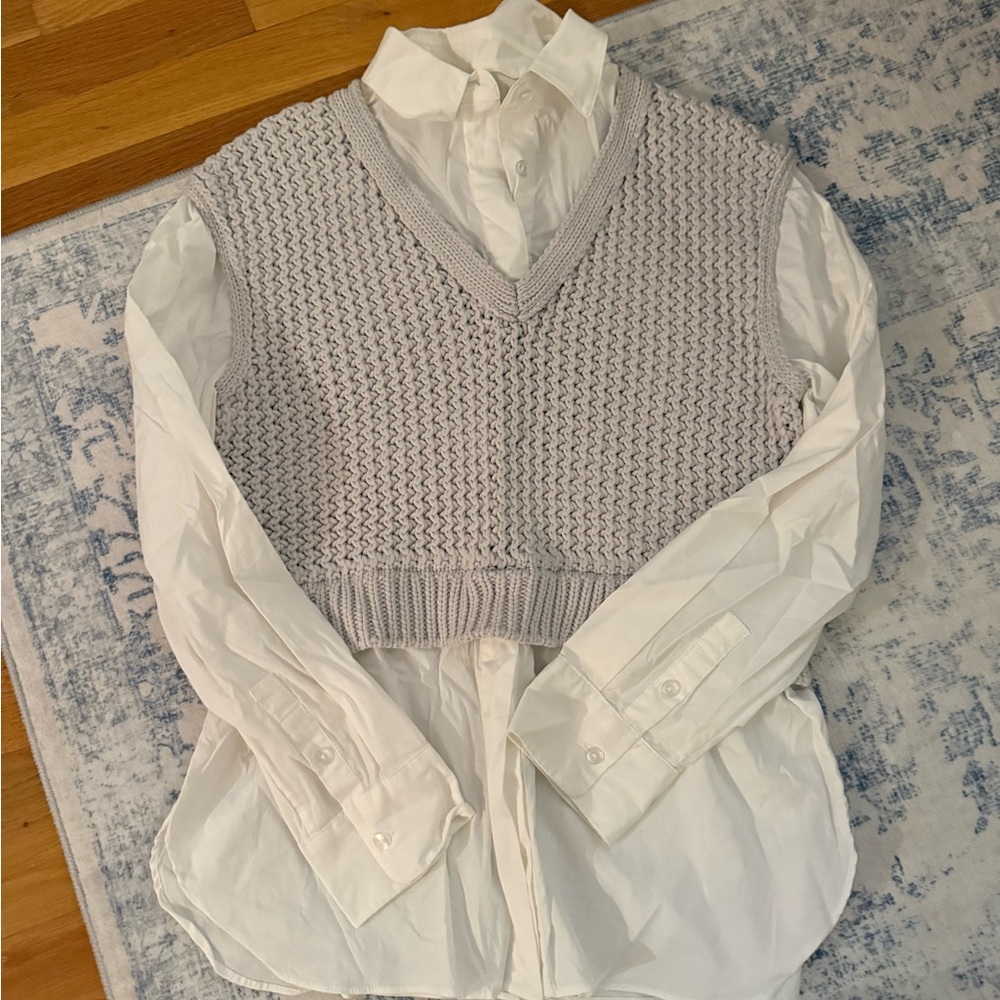 Anthropology Gray Knit Vest with White Button-Up Shirt